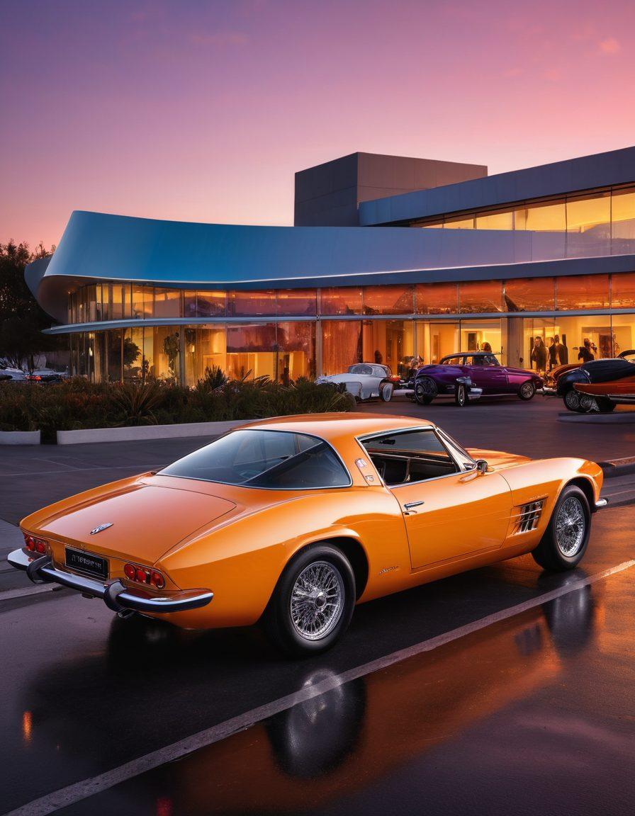 A captivating scene showcasing a stylish car, draped in vibrant colors, surrounded by fashionable individuals in trendy outfits. The background features a sunset skyline that enhances the allure, while accessories like sunglasses and bold jewelry add flair. Incorporate elements of classic car culture with a modern twist, emphasizing a blend of automotive and fashion. Art style: super-realistic, vibrant colors, dynamic composition.