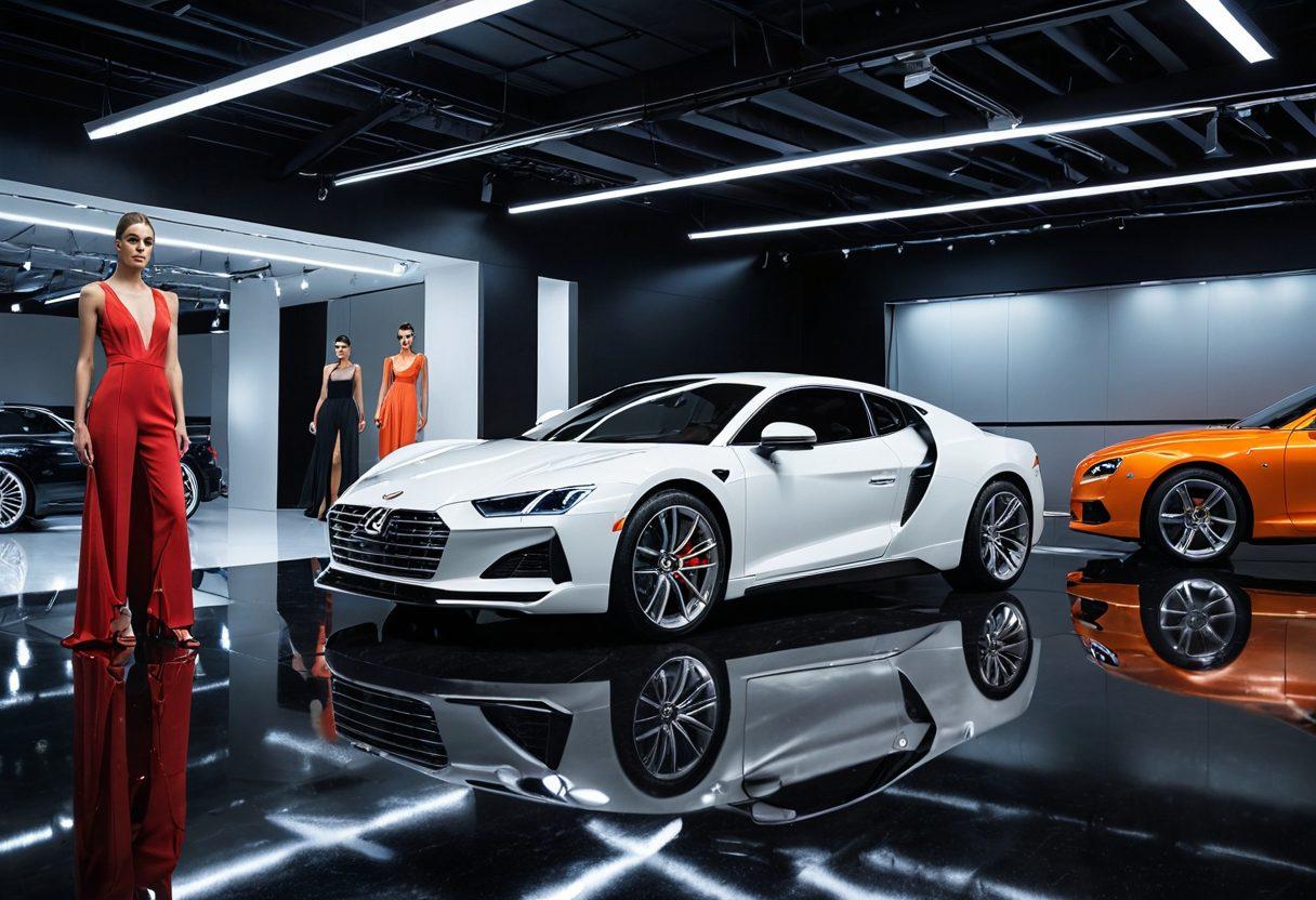 A stylish garage transformed into a chic fashion runway, featuring a sleek, customized car as the centerpiece surrounded by fashionable models showcasing vibrant outfits that echo the car's design. Include dramatic lighting and reflections to highlight both the automobile and fashion elements, creating a dynamic atmosphere. super-realistic. vibrant colors. 3D.